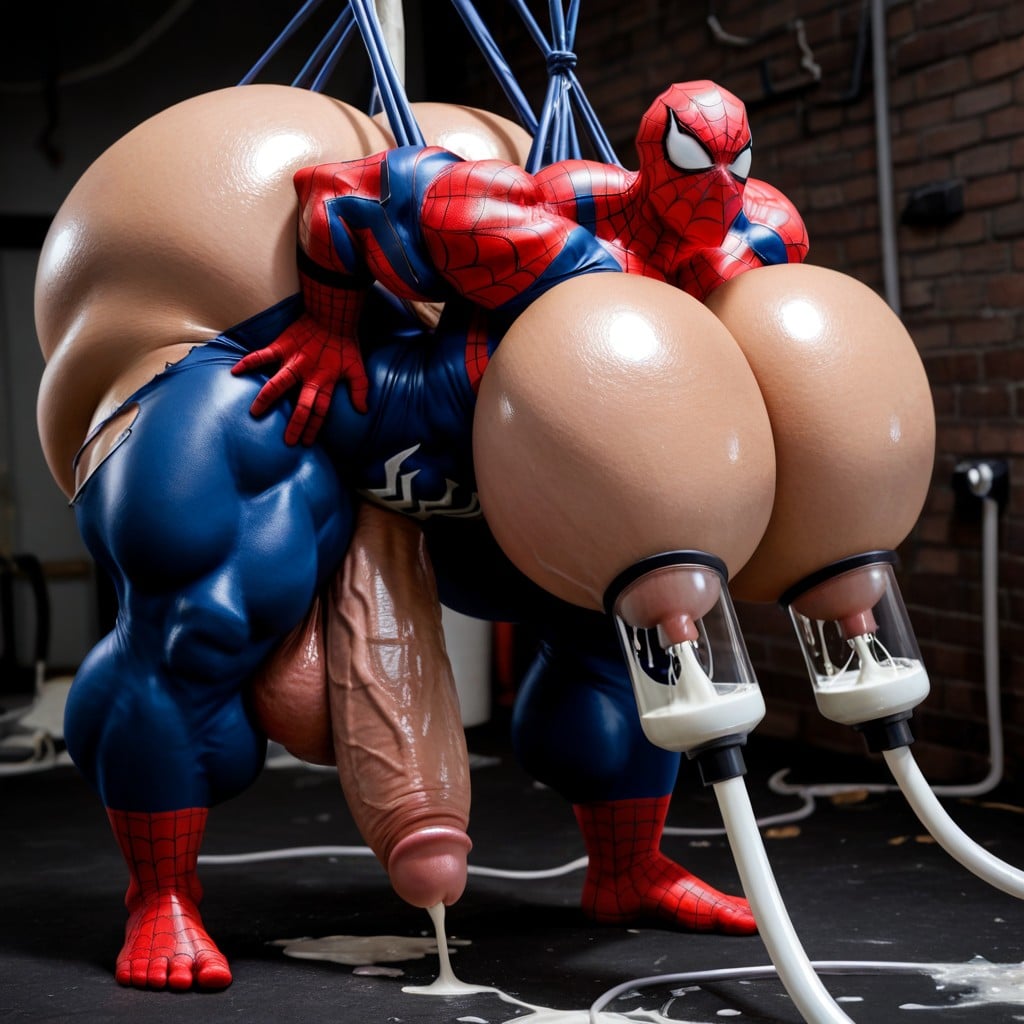 Spiderman Costume, Oversized Muscles, Man Hyper Squishing Milk Mans Boobs AI Gay Porn