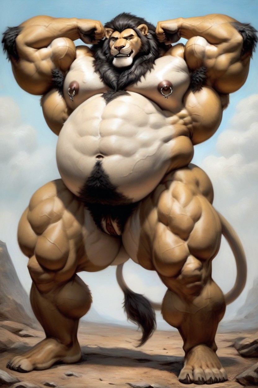 Ridiculously Huge Pectoralmuscles, Oversized Pumped Up Ridiculously Large Biceps Muscles, Fat Pad Furry AI Porn