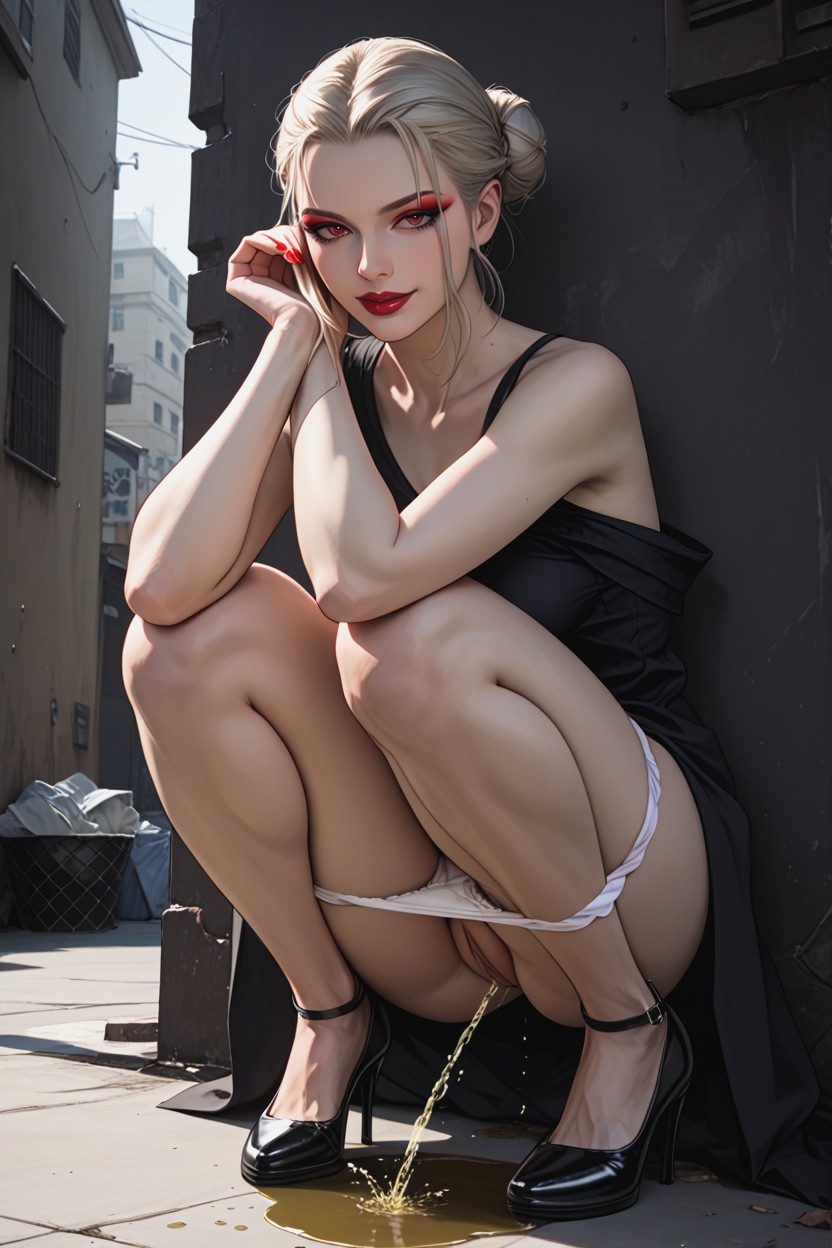 Caught Peeing Backyard In Desolate Place, Soft Hairs Texture, Dark Puddle Spread Out Into A Long Stream Hentai AI Porn