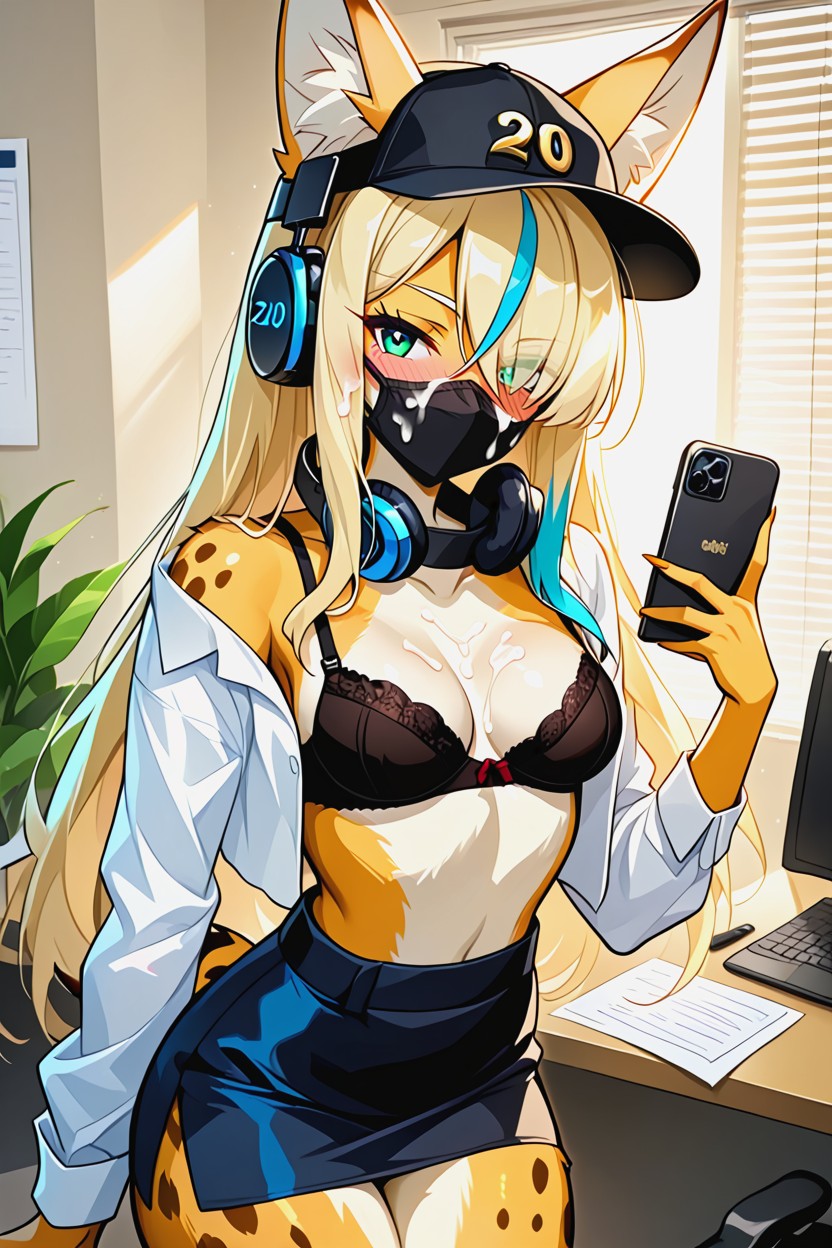 Small Breasts, Waist Shot, Headphones Furry AI Porn