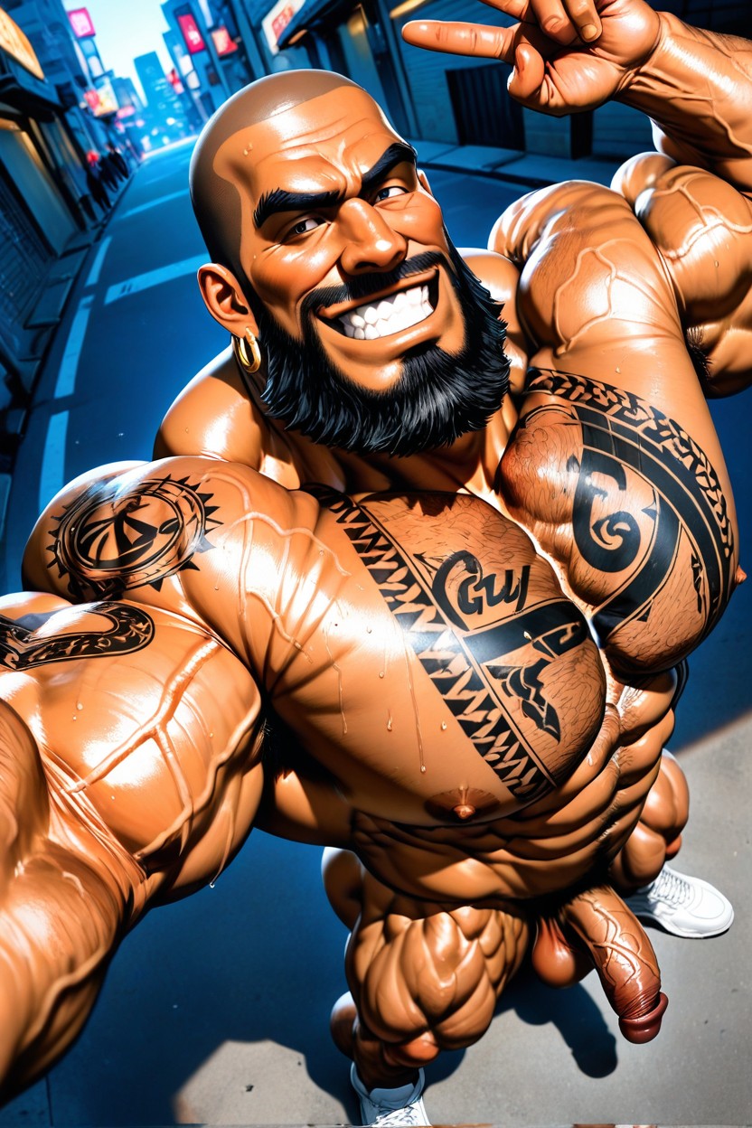 Top Down, Dark Tanned Skin, Neck Wider Than Face AI Gay Porn