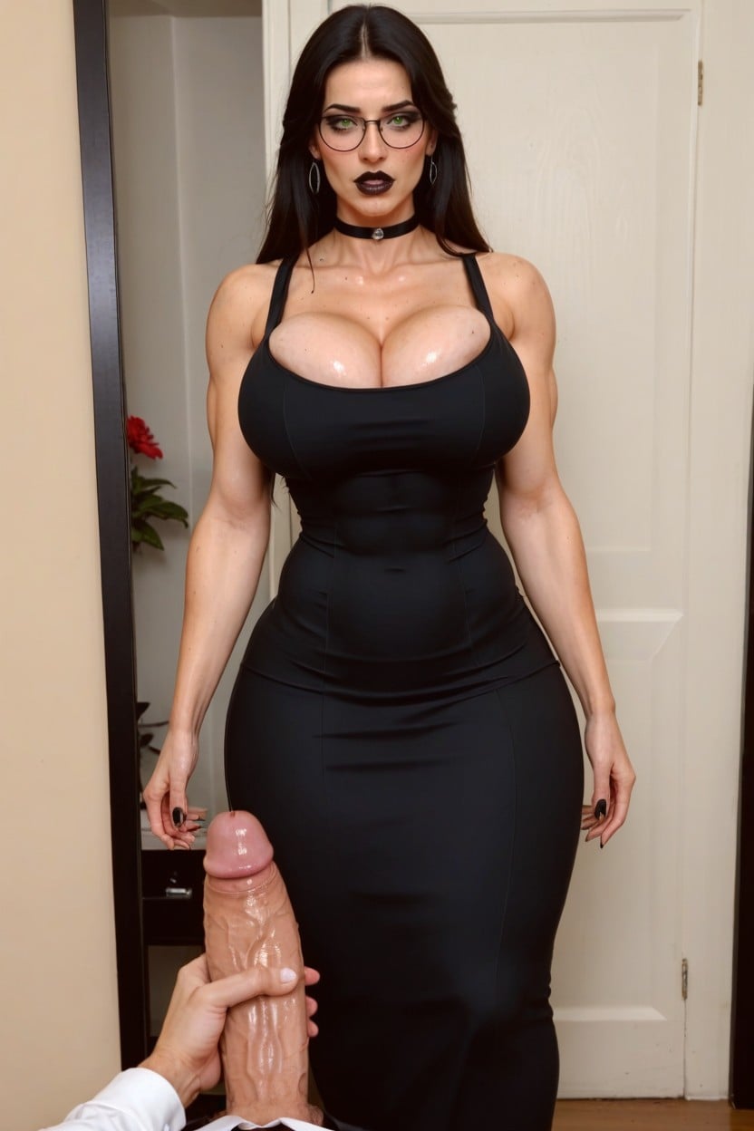 Red Sundress (print Flower Pattern), Hyper Deep Cleavage, Makeup AI Porn