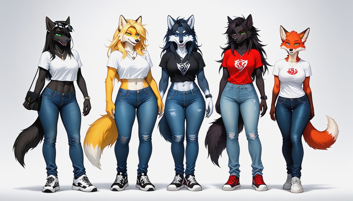 Sfw Group View, Clear Well Defined Facial Features, Black Female Wolf Furry AI Porn