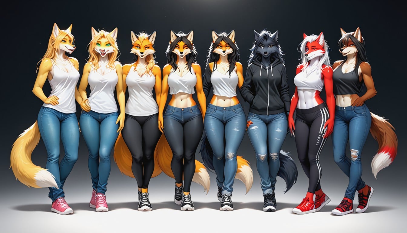 Build, Wolf Tail, Anthro Females Standing Together Furry AI Porn