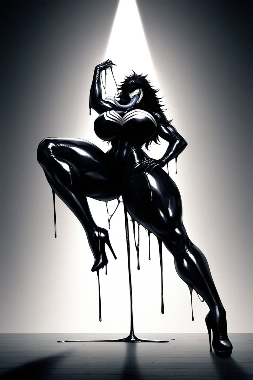Her Eyes Wide Open, Crawling Posture With Large Breasts Touching The Ground, She-venom Black Skin AI Porn