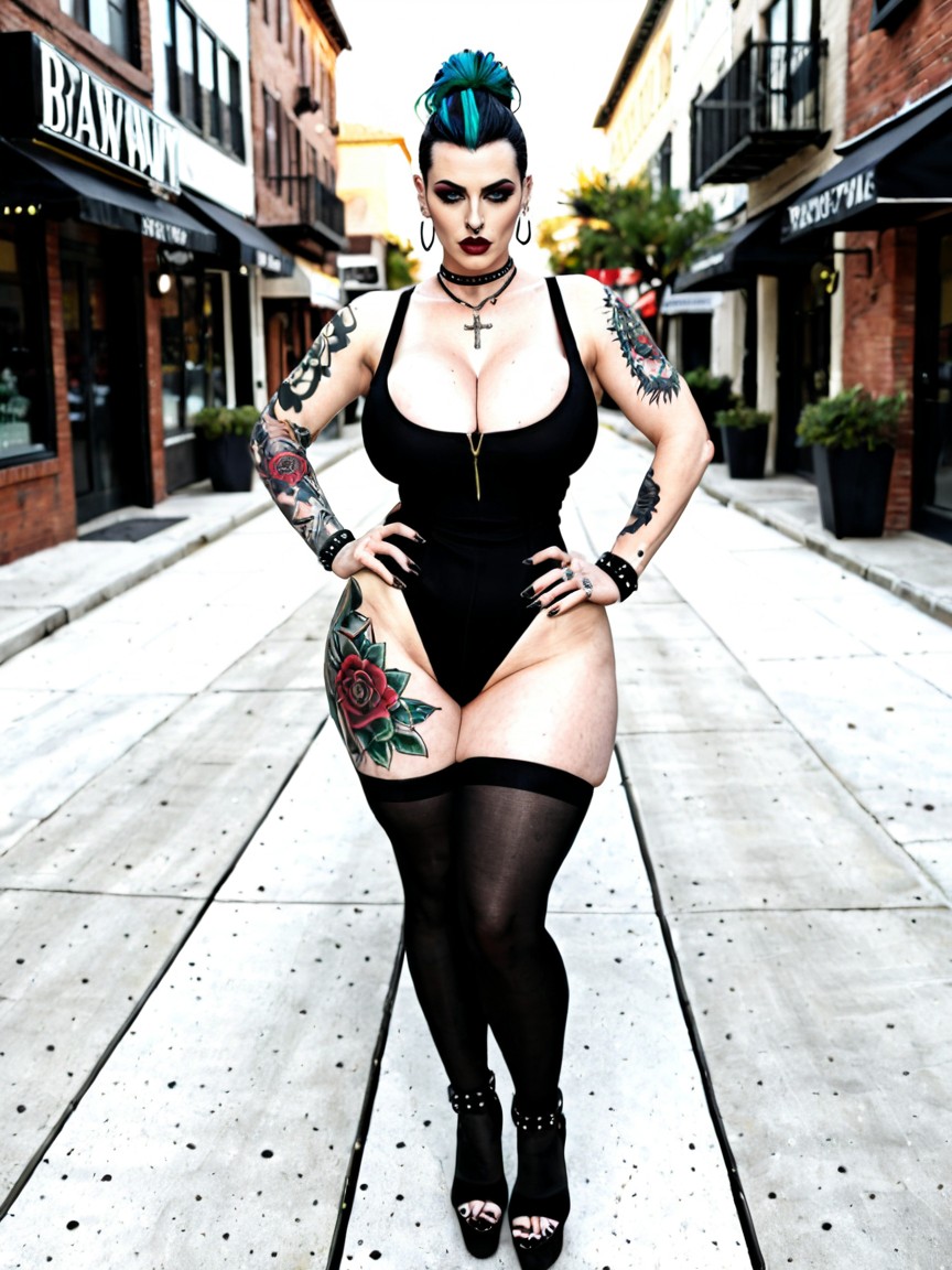 And A Strong Red Lip Color, Her Skin Is Heavily Tattooed, Cross Earings AI Porn
