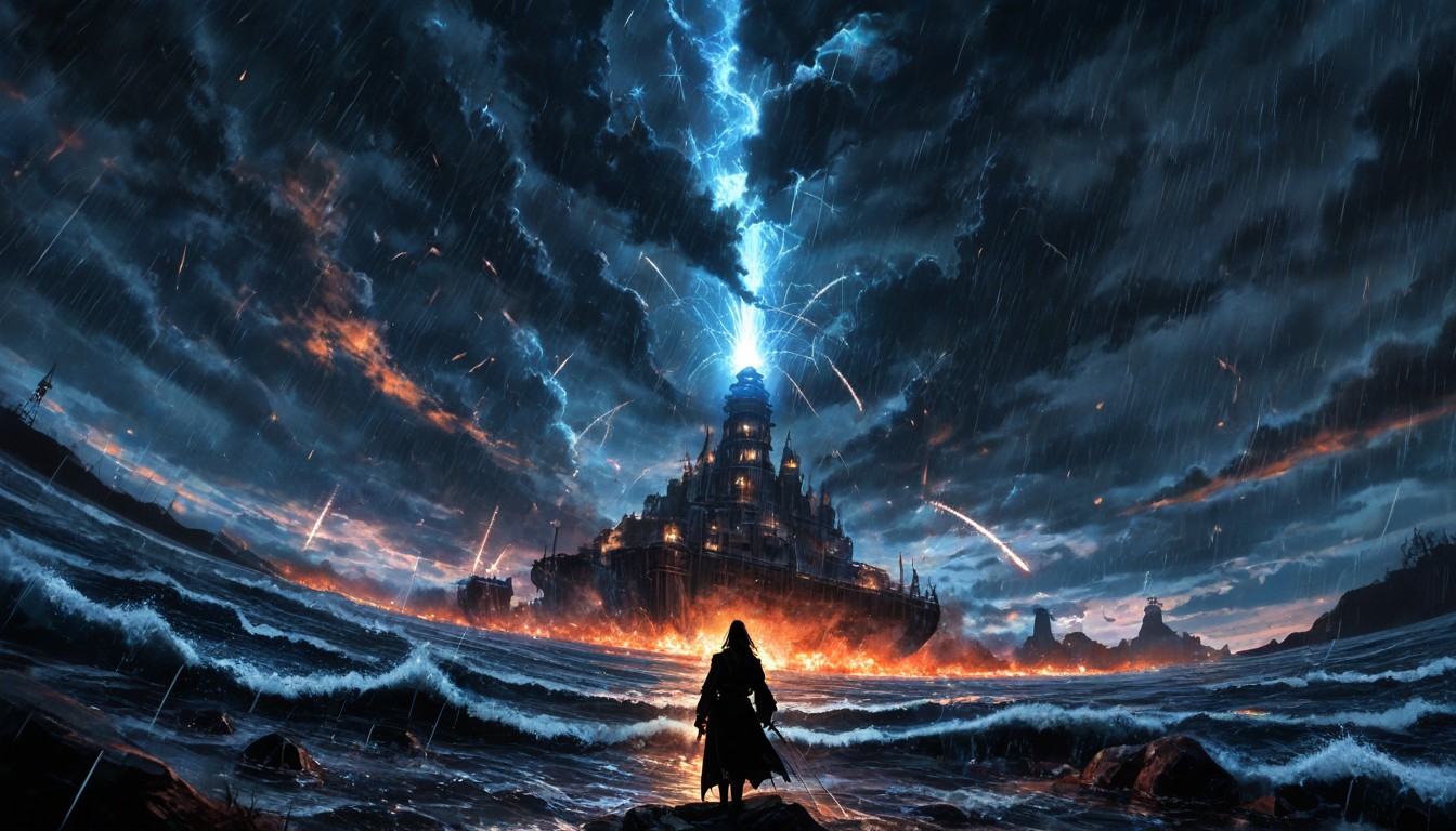 Her Silhouette Illuminated By Cold Moonlight A Massive Ancient Silver Fish With Glowing Eyes Bursts From The Black Water, A Tall, Its Dim AI Porn
