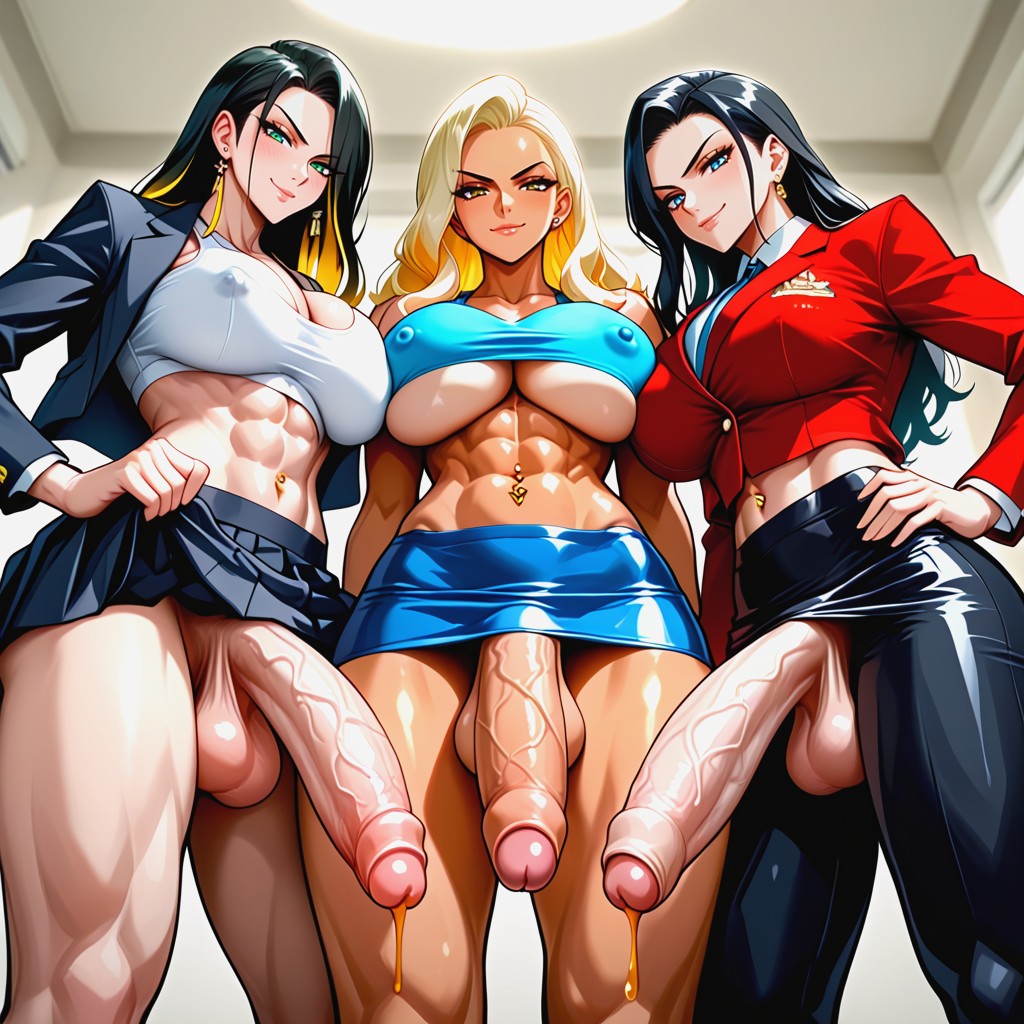 Huge Fake Breasts, Foreskin Penis Pointing Up, Left Long Straight Jet-black Hair AI Porn