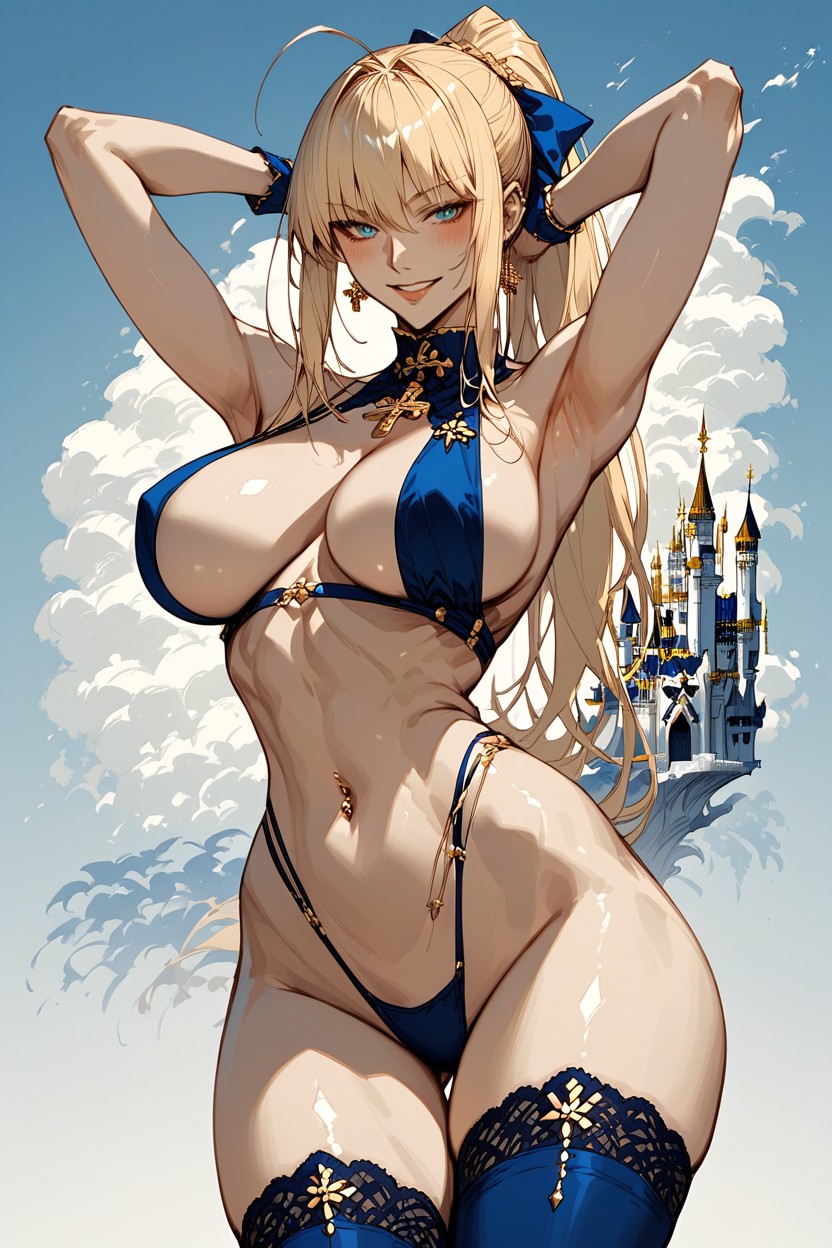 Blue Bow In Hair, Full Body View, Happy Hentai AI Porn