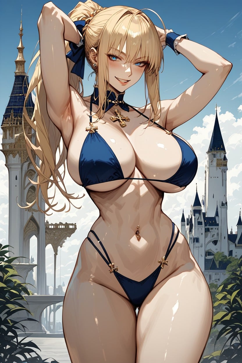 Blue Thigh Stripe, Happy, Anime Style Hentai AI Porn