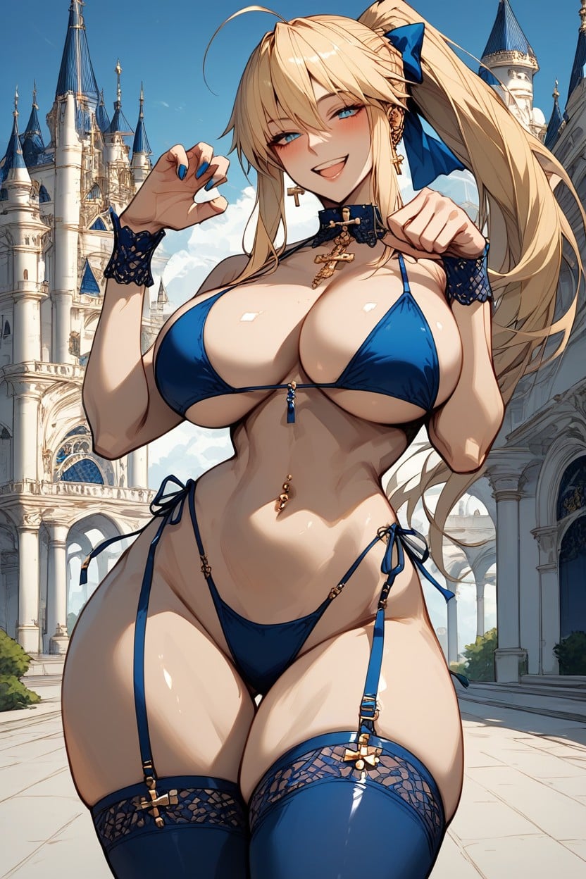 Crossing Blue Straps Wrapped Around Midriff, Natural Hips, Blue Bow In Hair Hentai IA