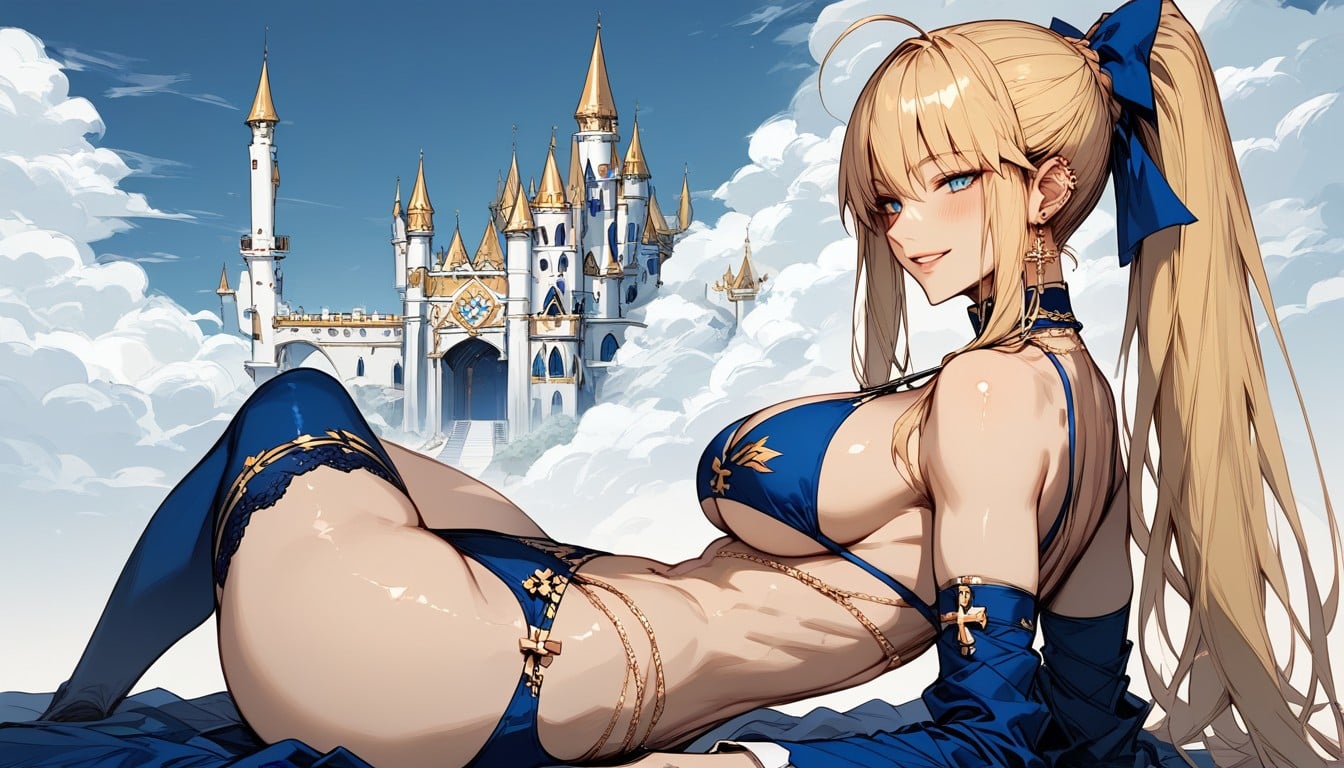 Gold Arm Cuffs, Cat Pose, Tall Castle Spires In Background Hentai AI Porn