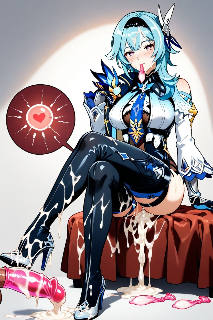 Holding A Used Condom In Hands, Cum On Legs, Holo-lined Suit With Iridescent Stockings And Silver Heels ヘンタイAIポルノ