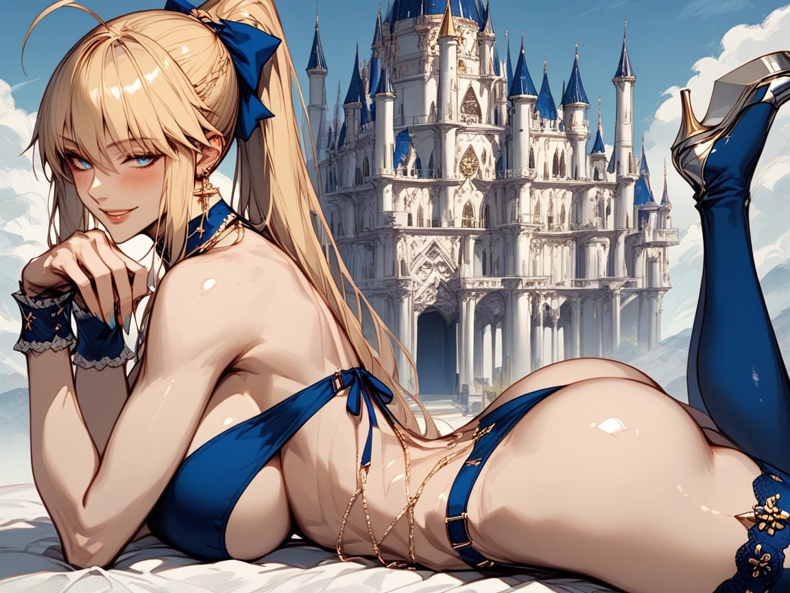 Natural Hips, Blue Choker, Bikini Straps Made From Gold Chains Hentai IA