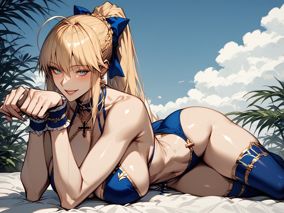 High Resolution, Correct Anatomy, Blue Thigh Garter Хентай AI порно