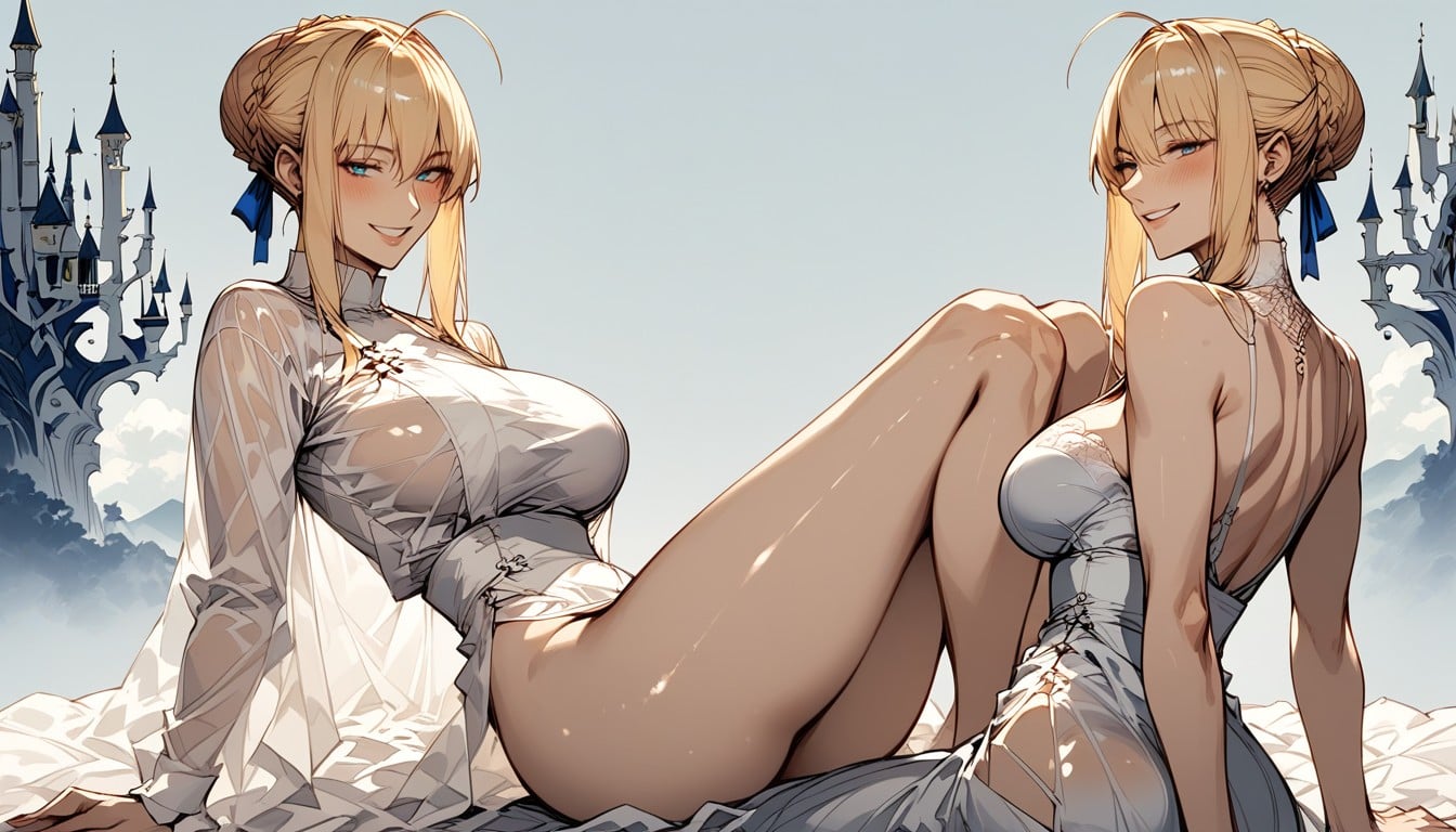Natural Hips, Tall Castle Spires In Background, Ultra Detailed Hentai AI Porn