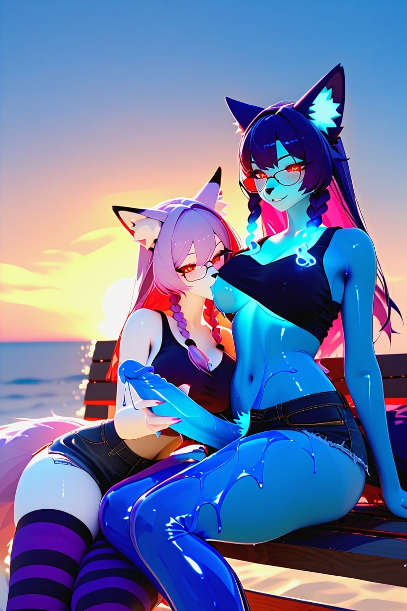 Cleavage, Futanari, Leaking Glowing Neon Blue Liquid Furry AI Porn