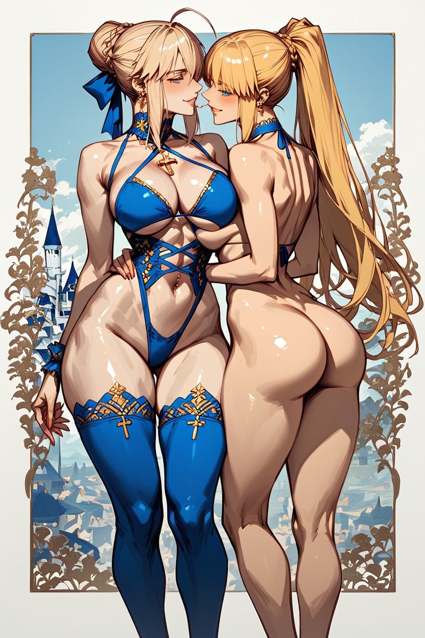 Arms Around Him, Gold Cross Necklace, Anime Style Hentai AI Porn