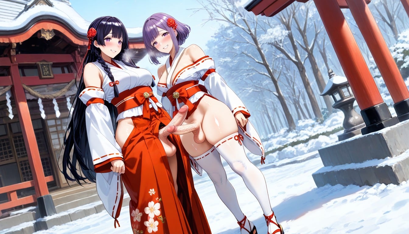 In Japanese Shrines, No Exposed Busty, White Tabi Thigh High Socks With Red Line Decorated Hentai AI Porn