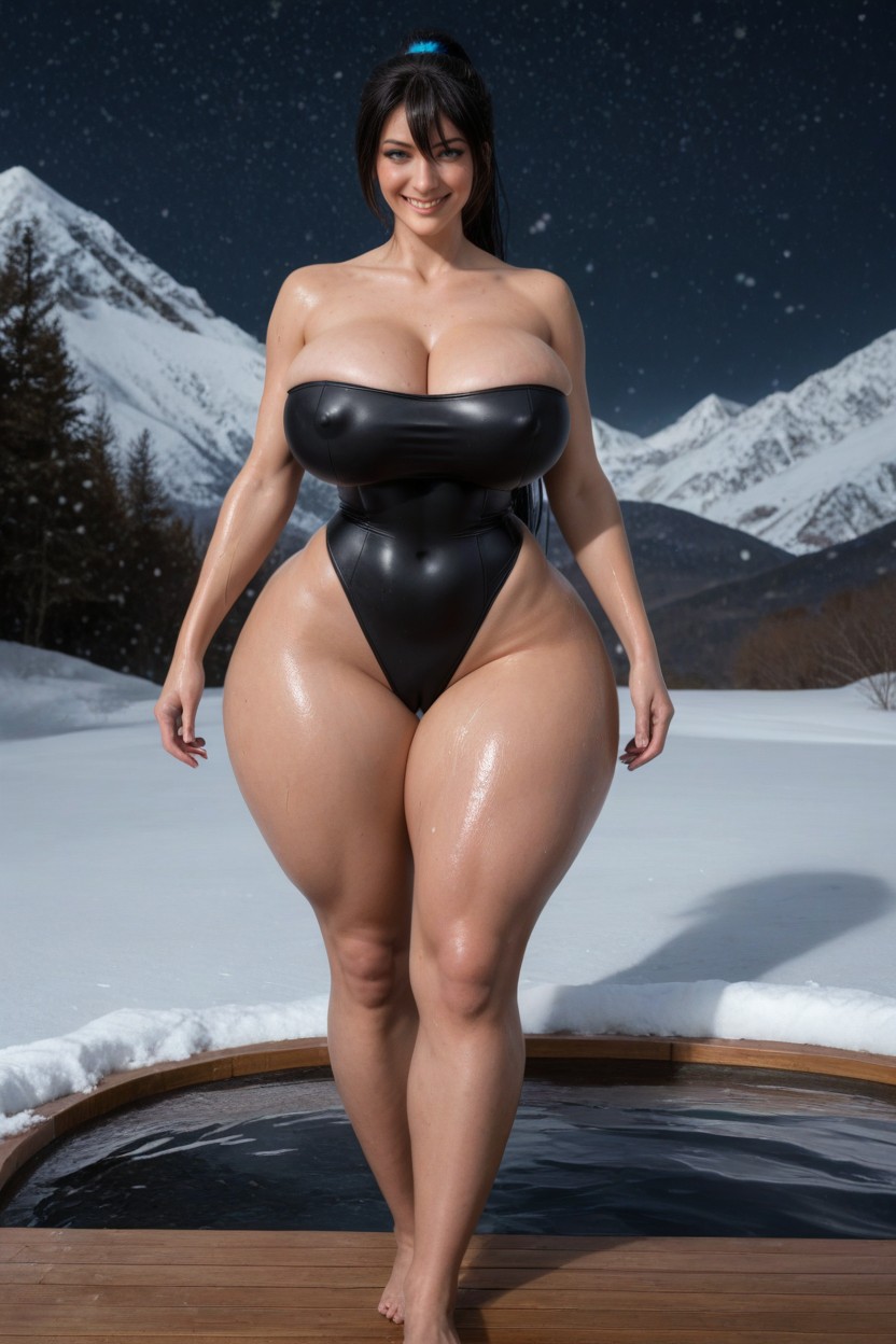 Bangs, Tight Black Strapless Latex Swimsuit, Huge Ass AI Porn
