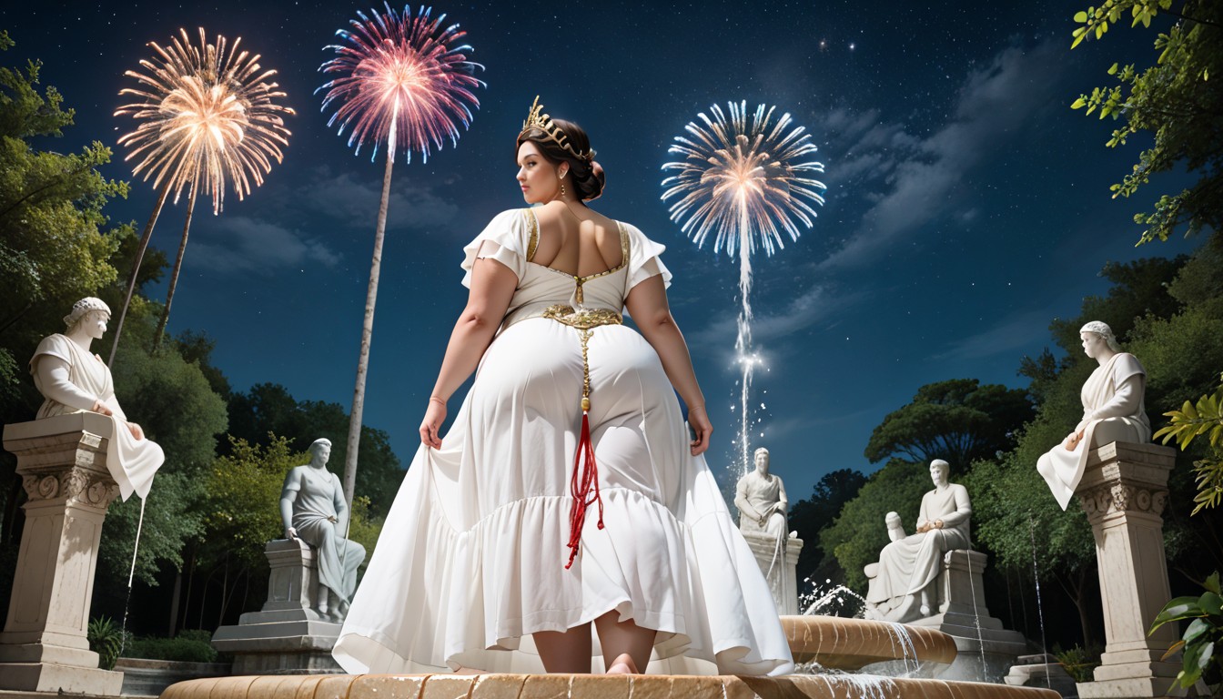 Looking Away From Viewer, A Spectacular Display Of Fireworks In Various Sizes And Vibrant Colors Red, The Sky Filled With BBW AI Porn