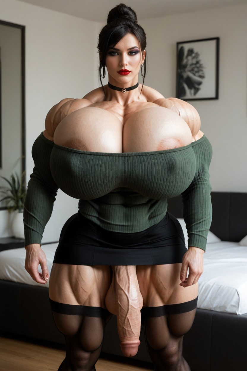 Dark Green Loose Fitting Sweater, Hyper Large Muscles, Colossal Breast Shemale AI Porn