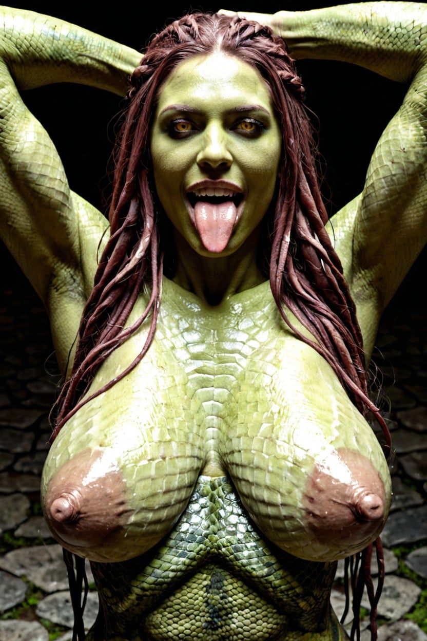 Waist View, Eyes Glowing Yellow, Detailed Sca Dimpled Aerolas Porno IA