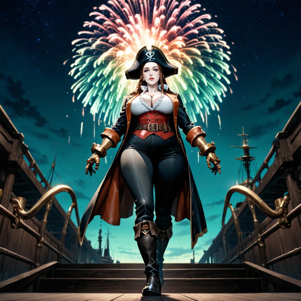 Gran Angular, Vista Trasera, A Dynamic Shot Of Female Steampunk Pirate Captain Porno IA