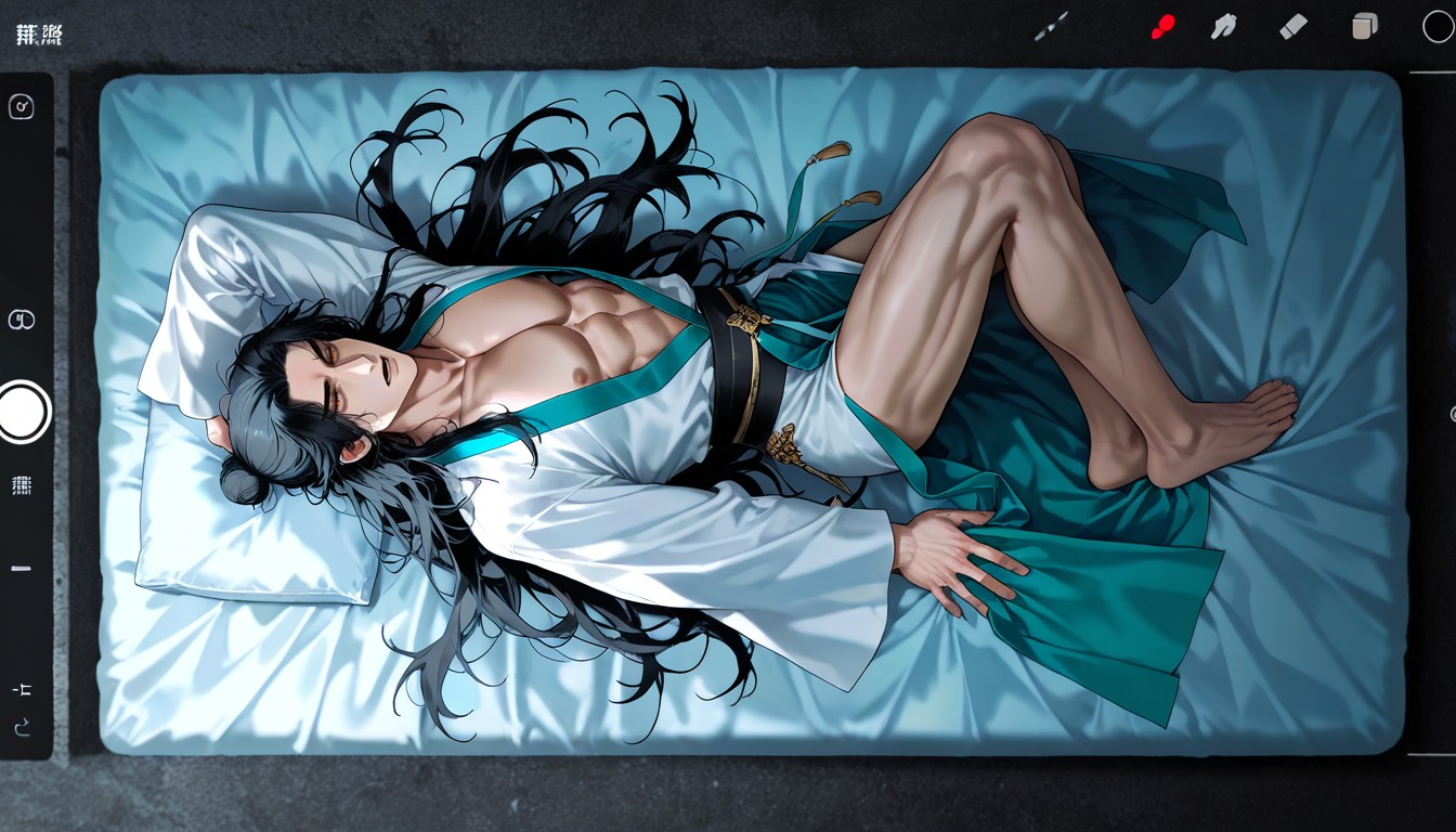 Hair Ends Slightly Curled Up At The Ends, Open Shirt, He Has Fit Body ゲイAIポルノ