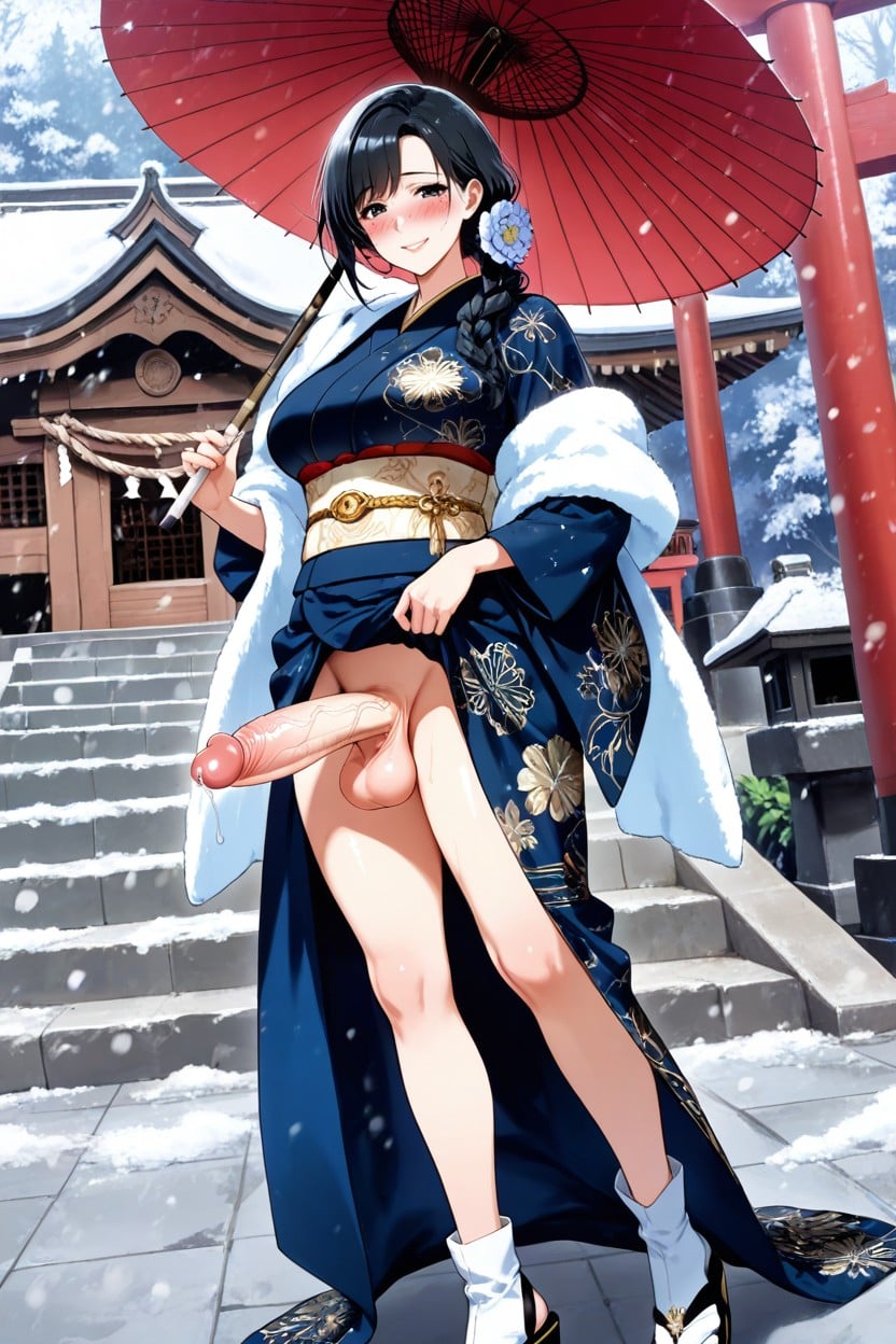 Outdoor, Low Side Ponytail, Wearing Blue An Gold Elegant Long Kimono Hentai IA