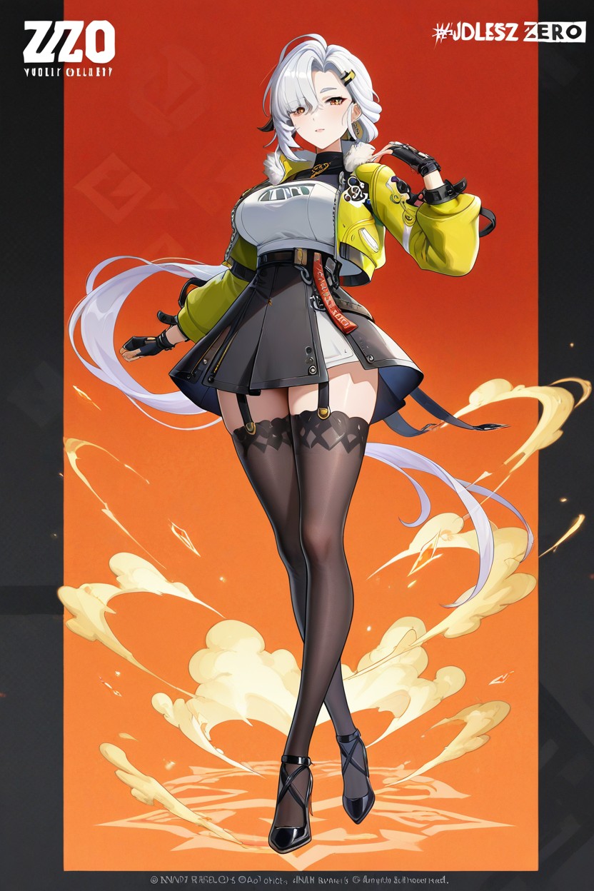 Long Stright White Hair With Black Streaks, Long Legs, Sharp Golden Eyes Hentai IA