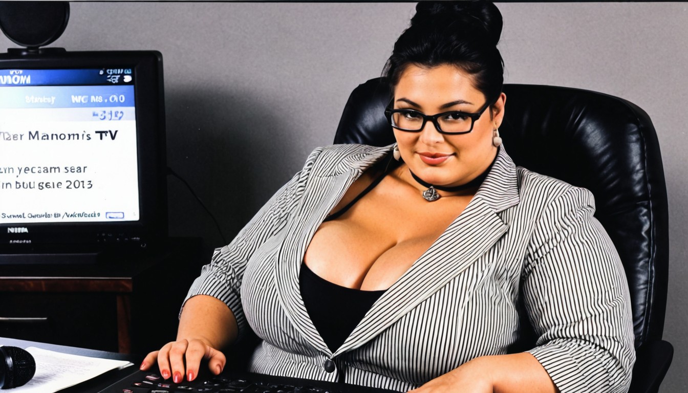 Choker With Bell, Tv Newsroom Studio, Slight Smile BBW AI Porn