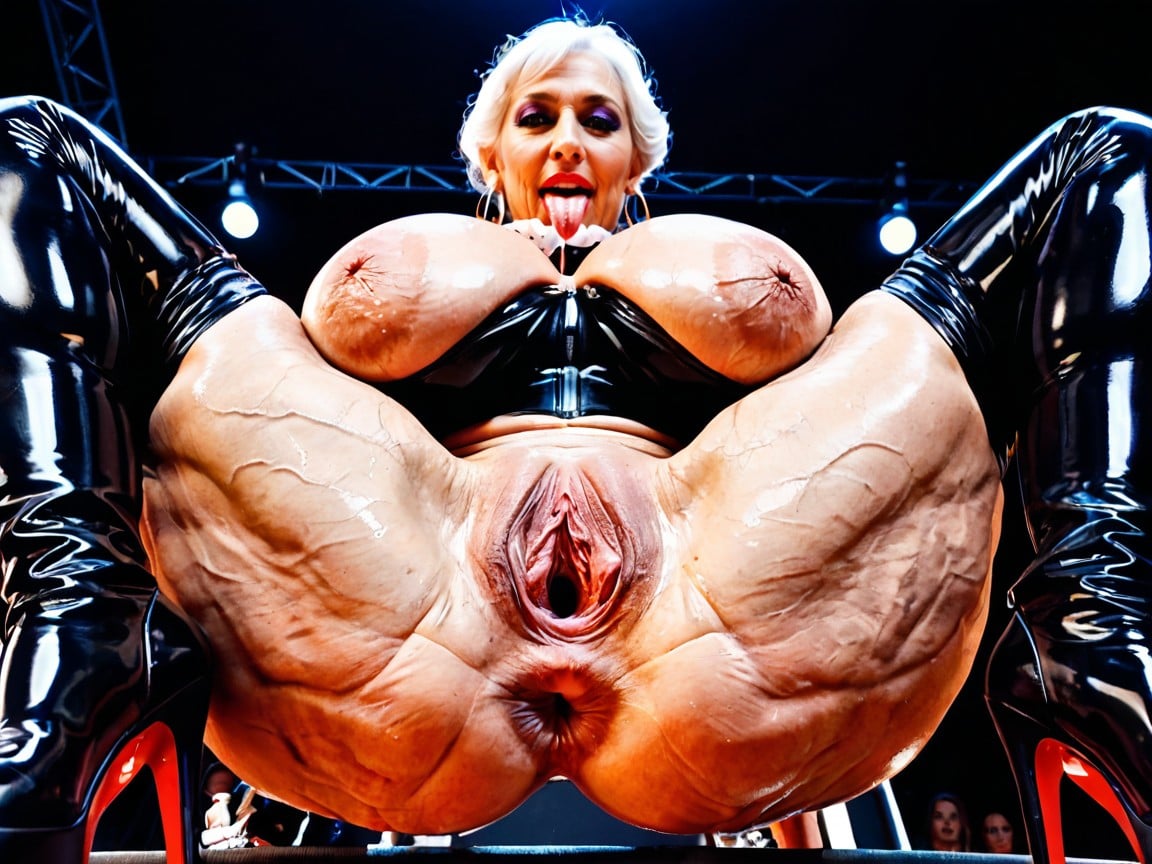 Wrinkled Skin, Pouty Lips Highly Detailed, She Present Her Hyper Gigantic Large Gaping Asshole And Pussy MILF AI Porn