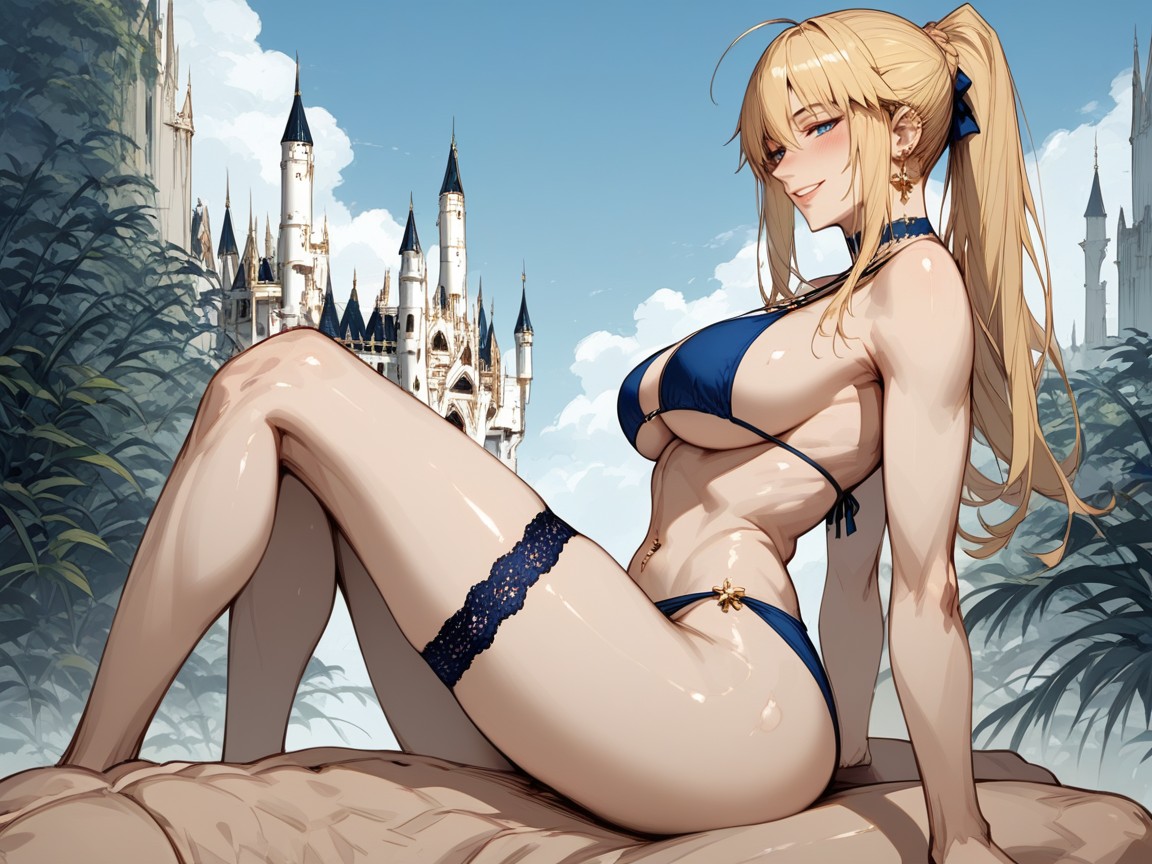 Beautiful Face, Blue Eyes, Blue Thigh Band Hentai AI Porn