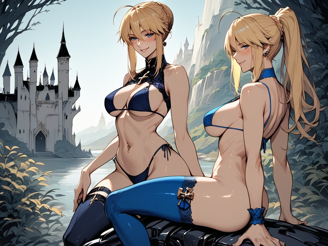 Full Body View, Figura Reloj De Arena, Blue Thigh Band Hentai IA