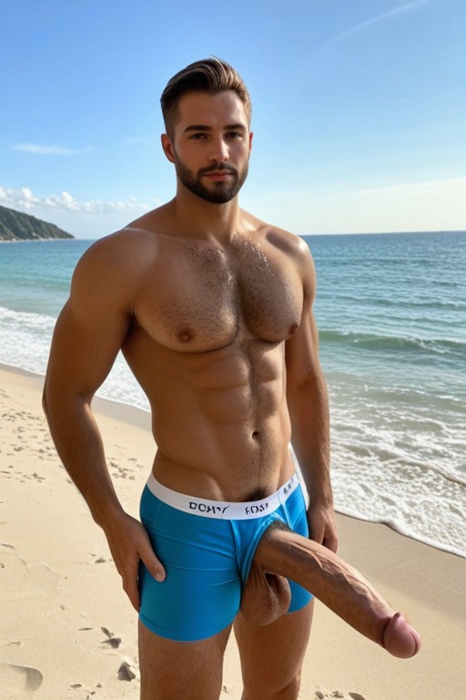 Cock Is Angled Up High, Standing On Beach, Only One Person AI Porn
