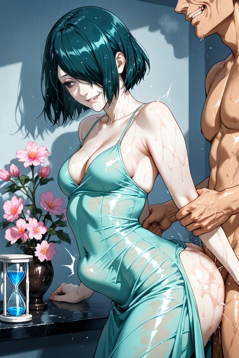 Waist, Male Holding Her Her Hands From Behind, Belly Bones Visible Through Dress Hentai AI Porn