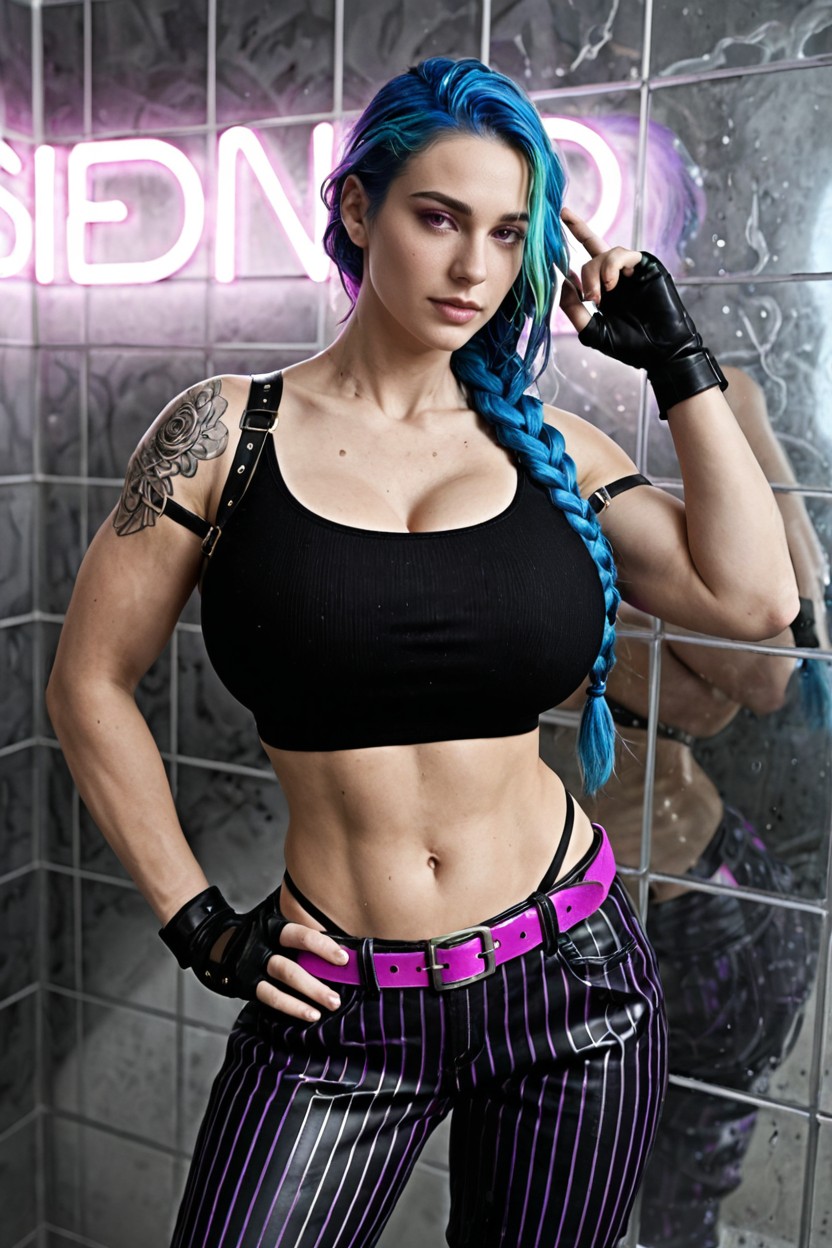 Ass Bigger Than Torso, Black Fingerless Gloves, Blue Braided Wig AI Porn