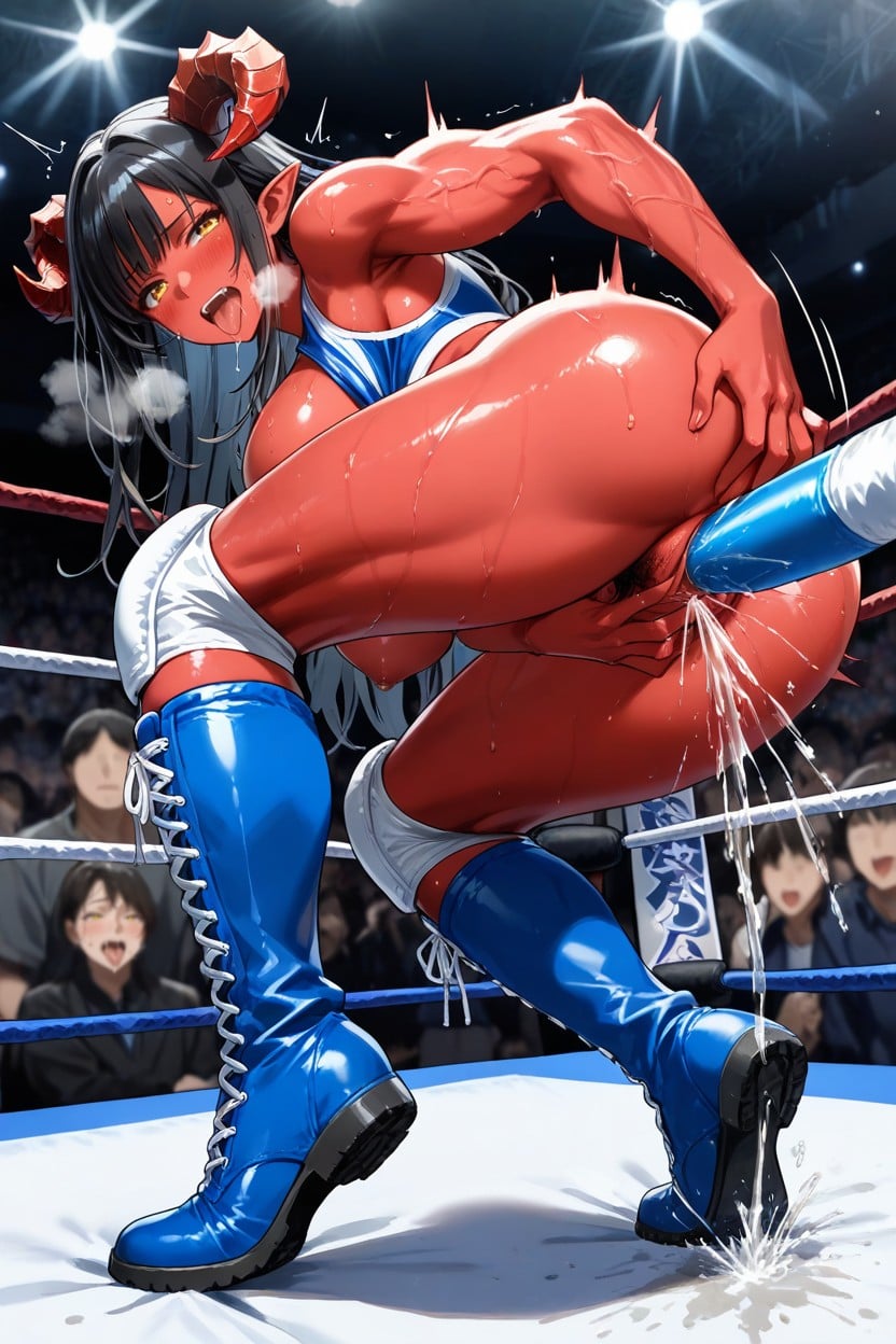 Orgasm Expression, Two Red Curved Up Horns, Red Skin Hentai AI Porn