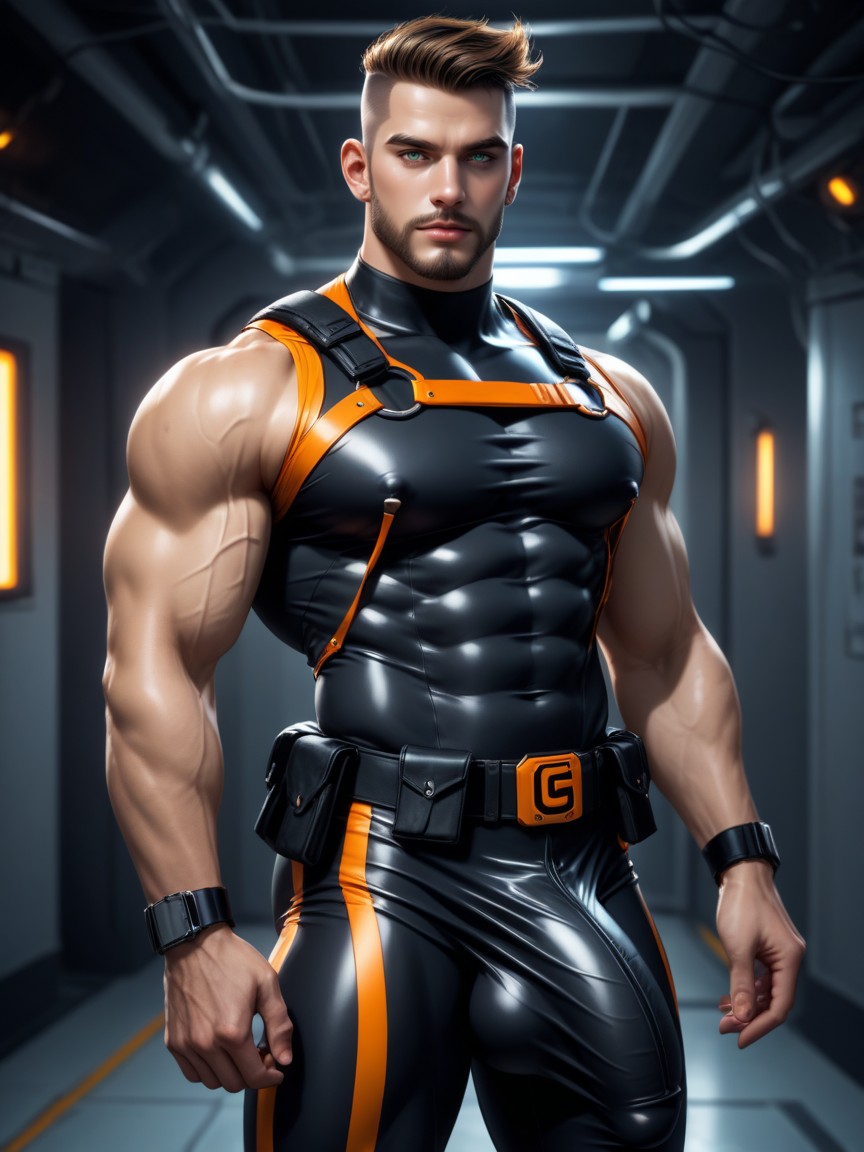 18+, Wearing A Black With Orange Trim Bodysuit That Is Extremely Form-fitting, 몸보다 큰 음경 게이 AI 포르노