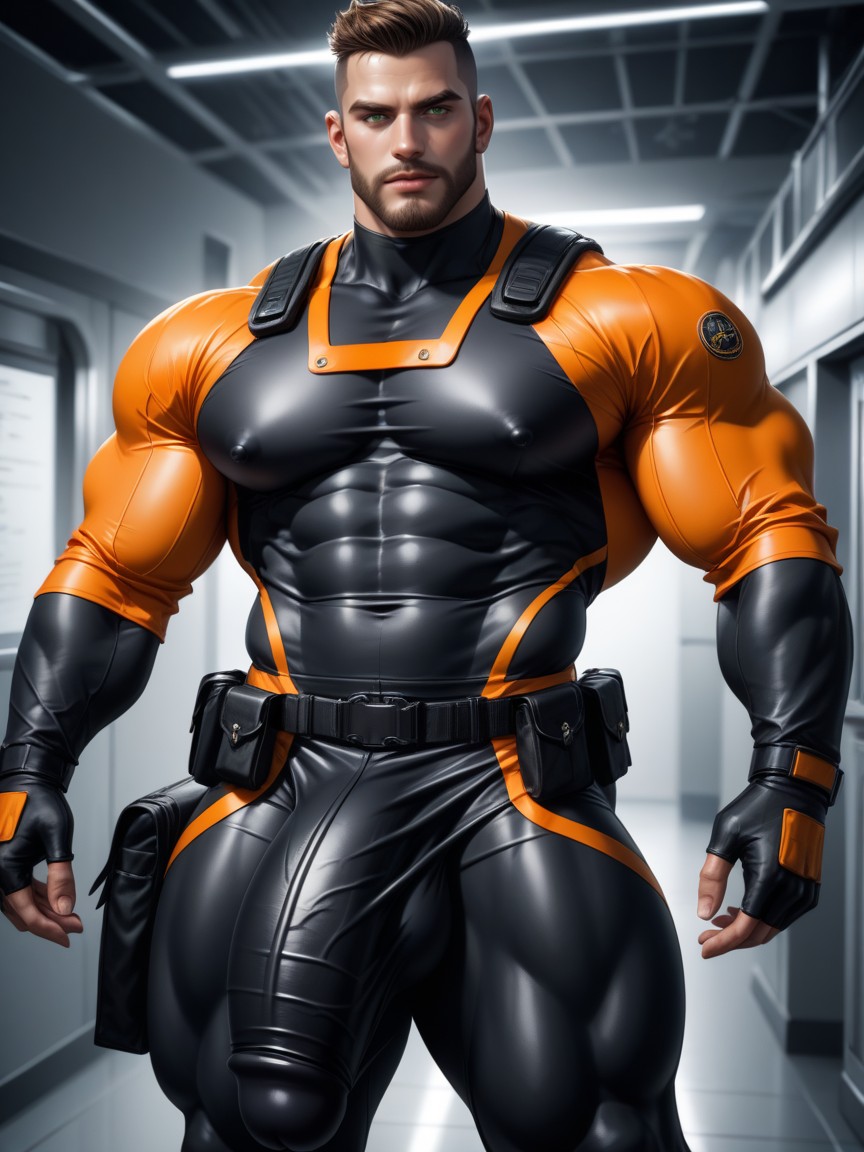 Muscle Daddy Physique, Viewing Angle Bottom-up, Hyper Bulge Under Clothes 게이 AI 포르노