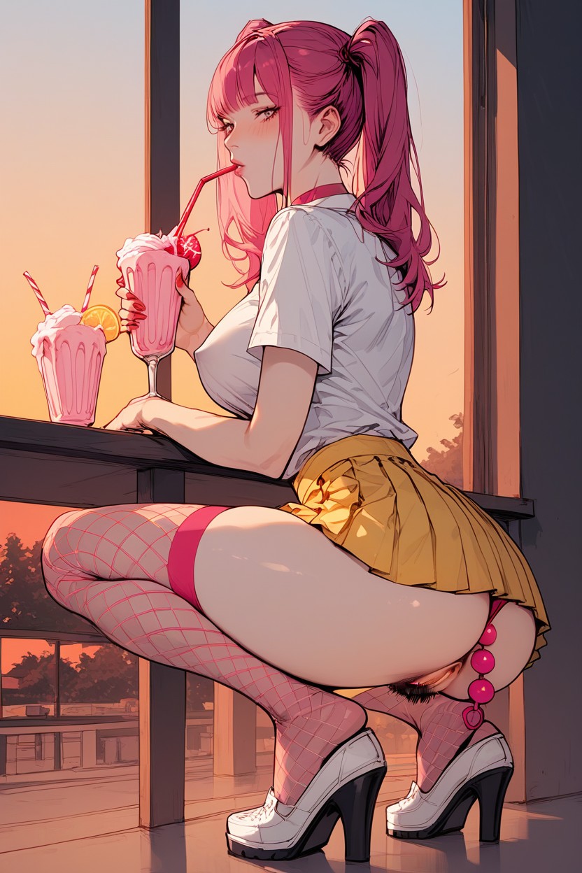Milkshake, Pleated Yellow Minskirt, Back Arched AI Porn