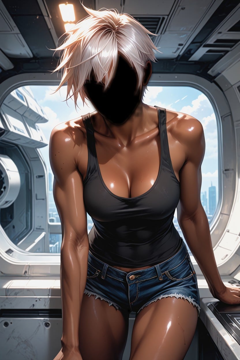 Down Tank Top, White Hair, Bright Eyes Hentai AI Porn