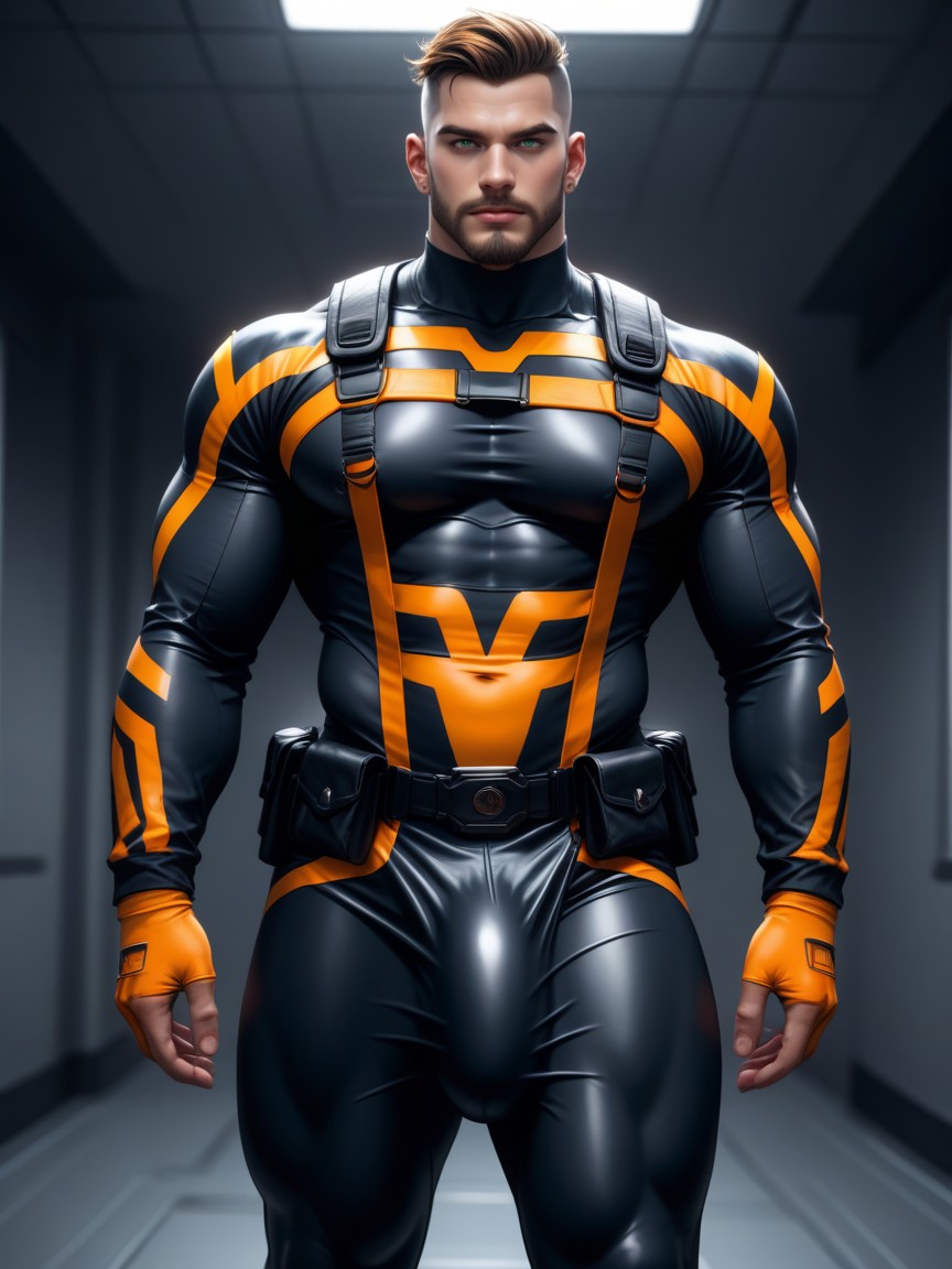 Beard, Holster On Thigh, Wearing A Black With Orange Trim Bodysuit That Is Extremely Form-fitting AI同性戀黃片