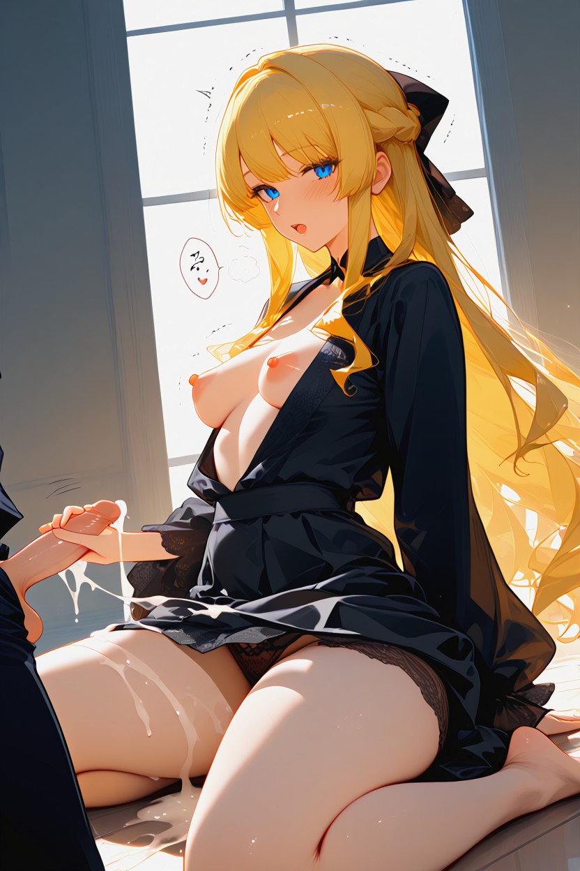 Medium And Firm Penis, Cum Splashes In The Form Of A Line, Kneeling With Spread Legs AI Porn