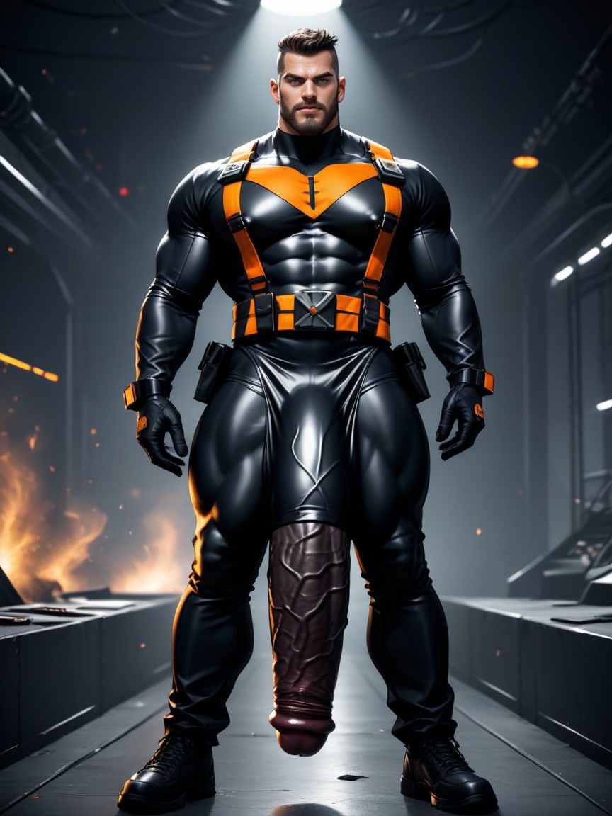 Outline Of Black With Orange Trim Thong Under Bodysuit, Model Pose, Horny AI同性戀黃片