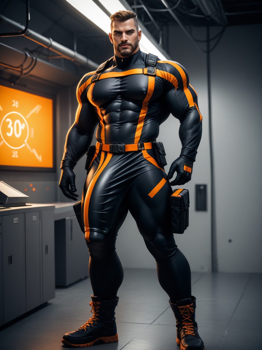 Hyper Bulge Under Clothes, Aggressive, Outline Of Black With Orange Trim Thong Under Bodysuit ゲイAIポルノ