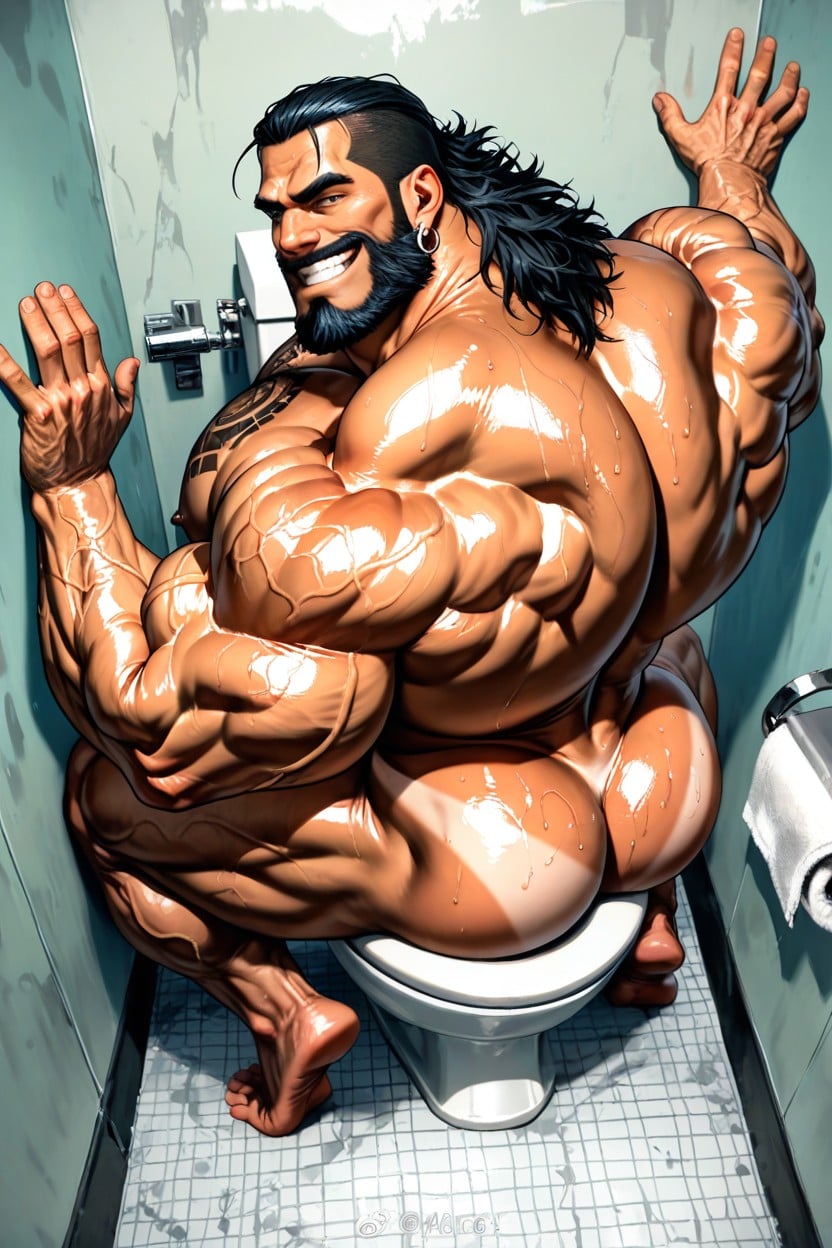 Masculine, Sitting Down On Toilet, Massive Legs Porno IA Gay