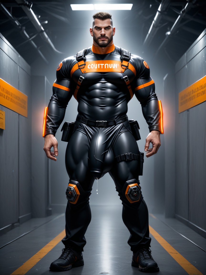 Aggressive, Outline Of Black With Orange Trim Thong Under Bodysuit, 18+ AI Gay Porn