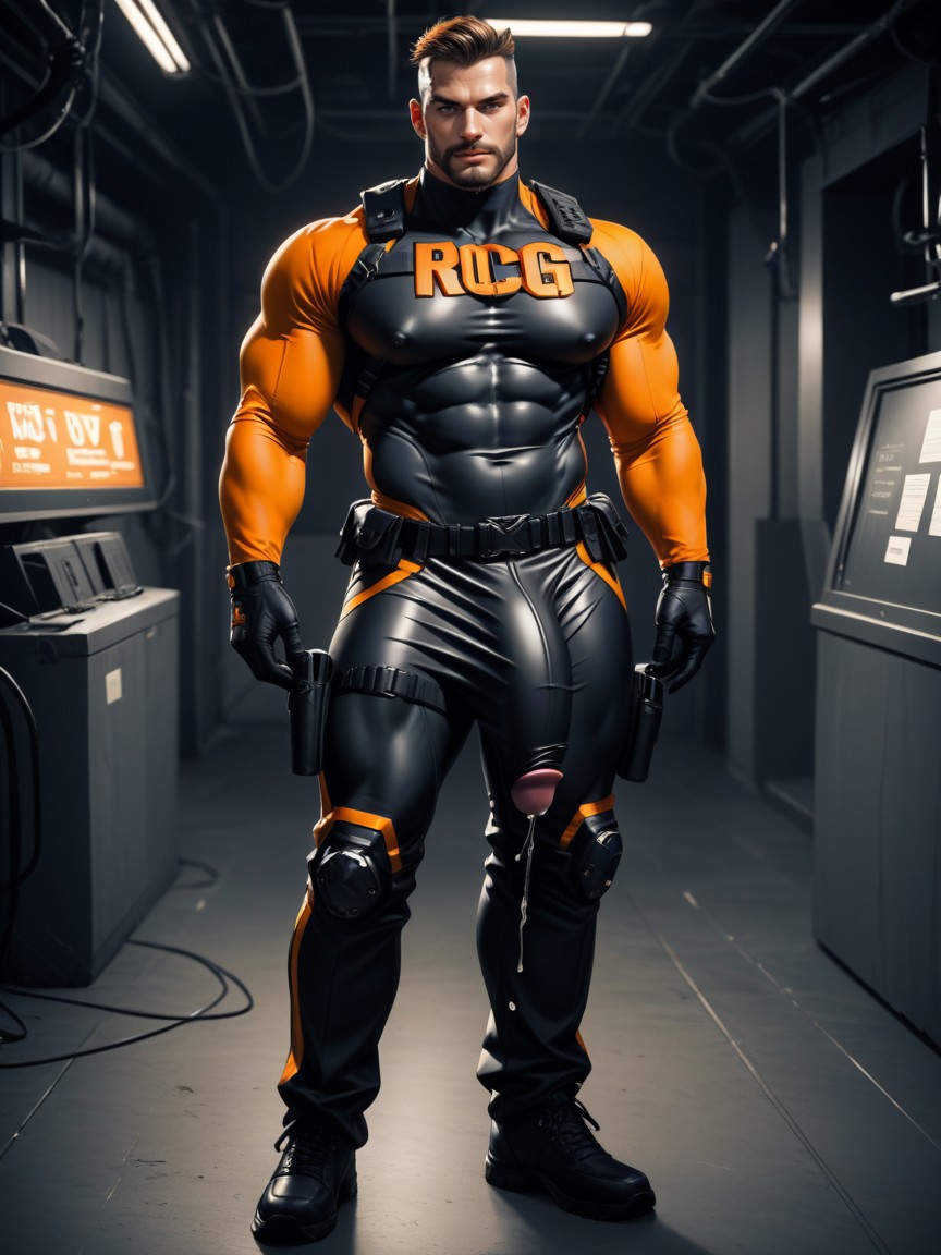 Buzzcut Fade, Wearing A Black With Orange Trim Bodysuit That Is Extremely Form-fitting, Confident AI同性恋黄片
